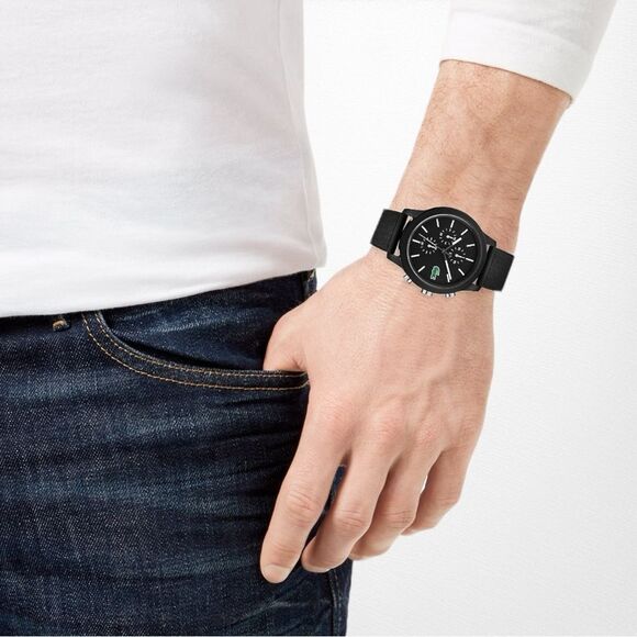 New With Tags in Box Men's Chronograph L.12.12 Black Silicone Strap Watch 44mm